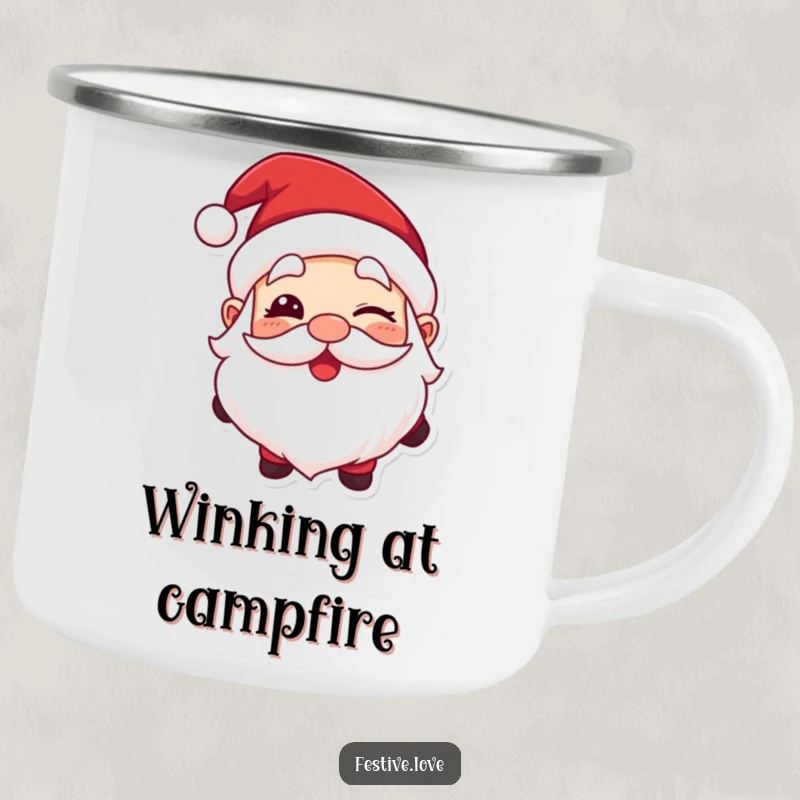 Funny camping mug showing Santa Claus with a big, happy wink, perfect for holiday camping trips.