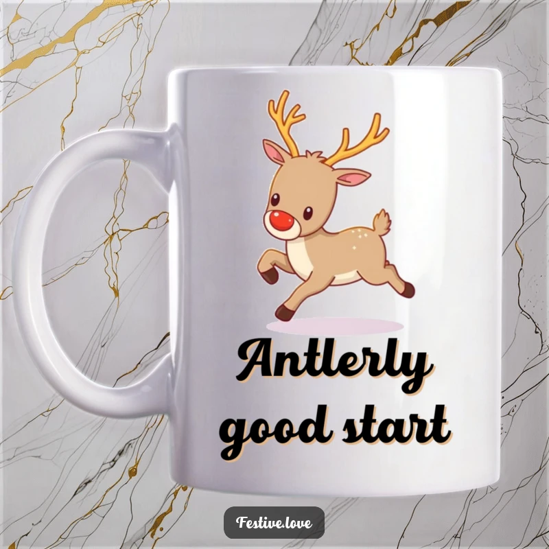Funny kawaii reindeer with twinkling antlers, prancing gleefully, depicted on a magical and festive mug.