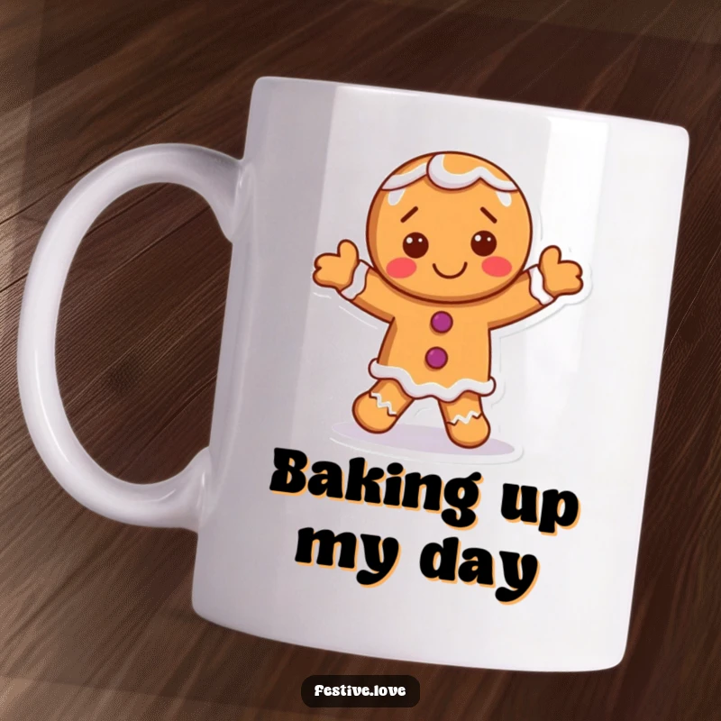 Funny gingerbread man mug featuring a smiling character dancing with frosting accents, perfect for sweet mornings.