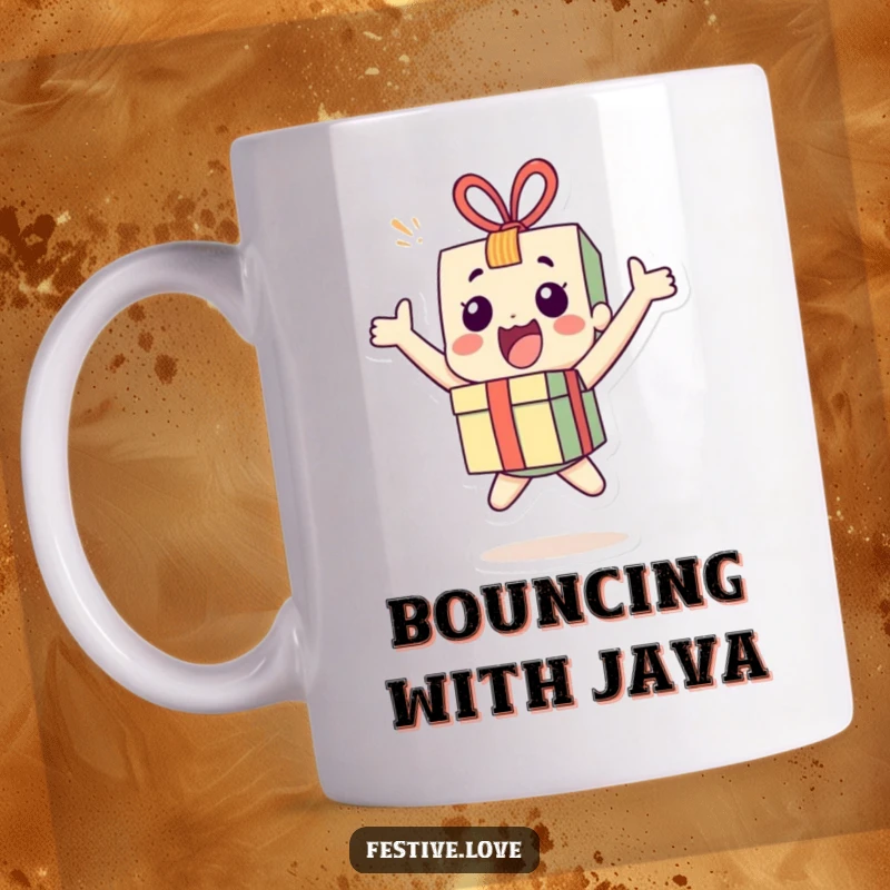 Funny little present character mug bouncing with pure joy and excitement, symbolizing surprise and celebration. A delightful gift.