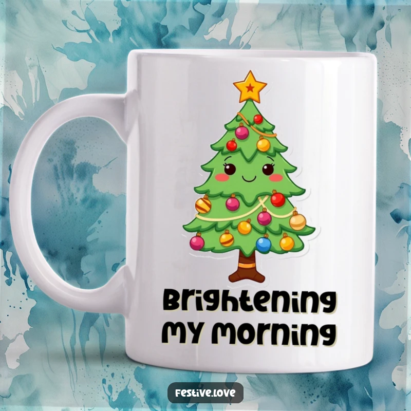 Funny Christmas tree mug featuring a cheerful character decorated with shining ornaments and a star, perfect for holidays.