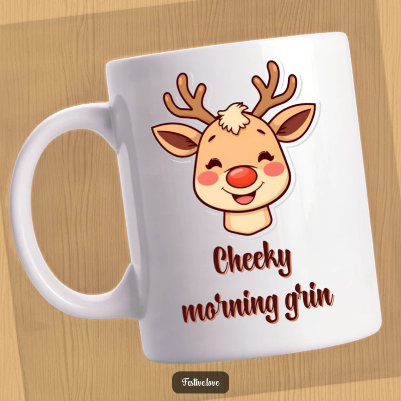 Funny reindeer mug with rosy cheeks and a big grin, radiating holiday joy and a welcoming festive spirit.