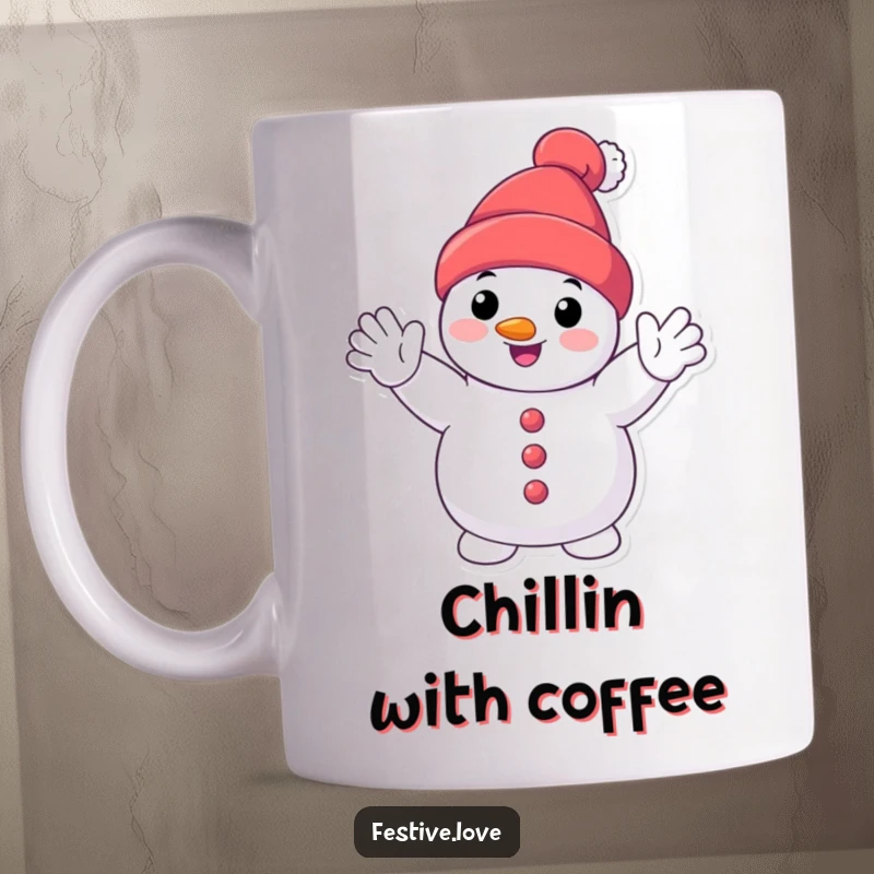 Funny smiling snowman mug featuring a happy cartoon snowman character enthusiastically waving with a twig arm, embodying winter cheer.