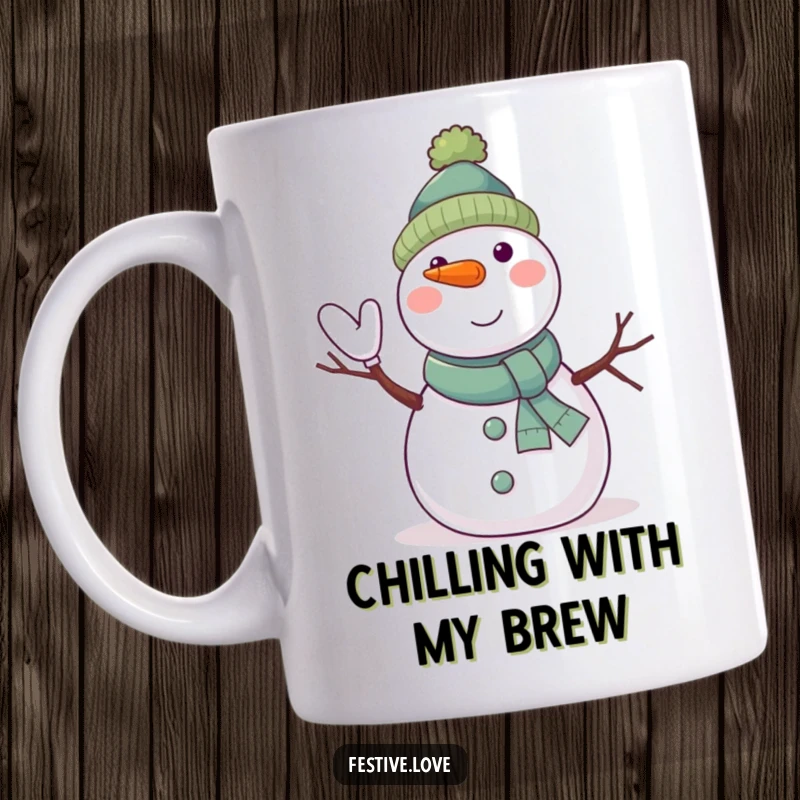 Funny snowman mug featuring a jolly character waving with twig arms and a carrot nose, perfect for winter mornings.