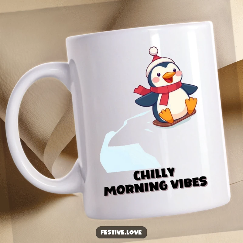 Funny mug depicting a happy penguin character gleefully sliding down a steep, snowy hill at high speed.