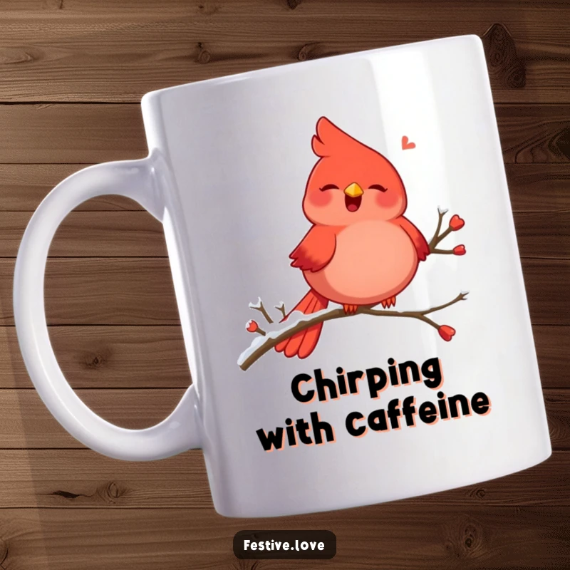 Funny mug showcasing a plump, red cardinal character singing with pure joy while perched on a snow-covered branch.