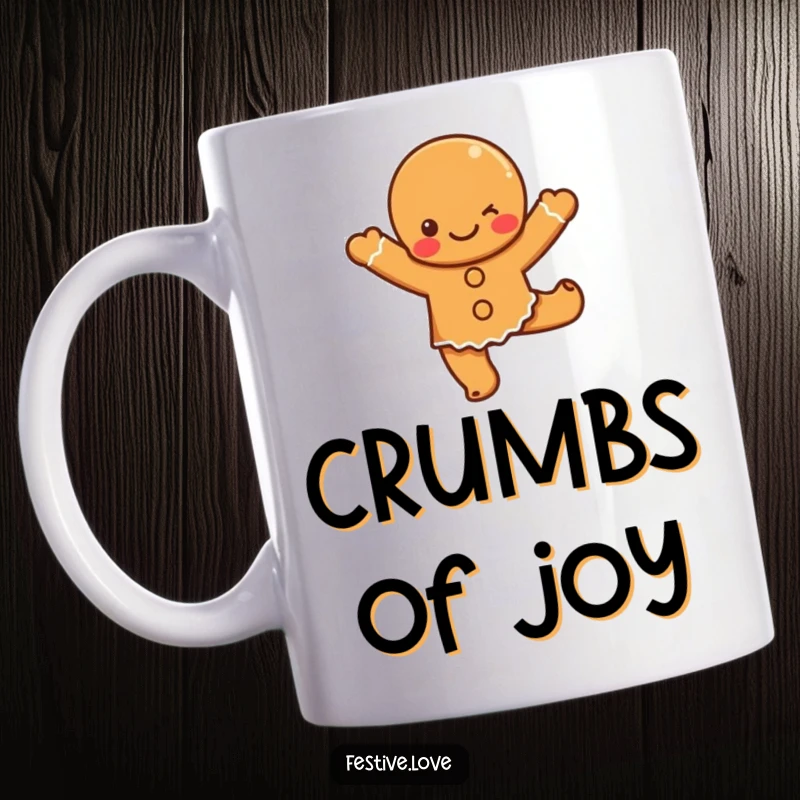 Funny gingerbread dance mug featuring a cute cartoon gingerbread character joyfully doing a happy dance, full of festive cheer.