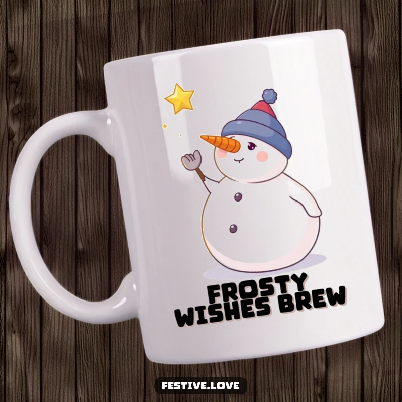 Funny snowman mug featuring a plump snowman looking up at a falling star, embodying winter wishes.