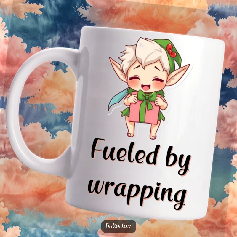 Funny elf mug, an excited character frantically wrapping a present, embodying the joyful chaos of gift-giving.