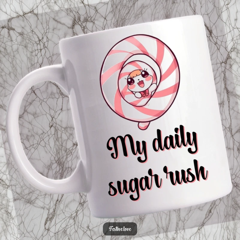 Funny Mug: A candy cane character joyfully spiraling, embodying pure Christmas delight and festive energy.