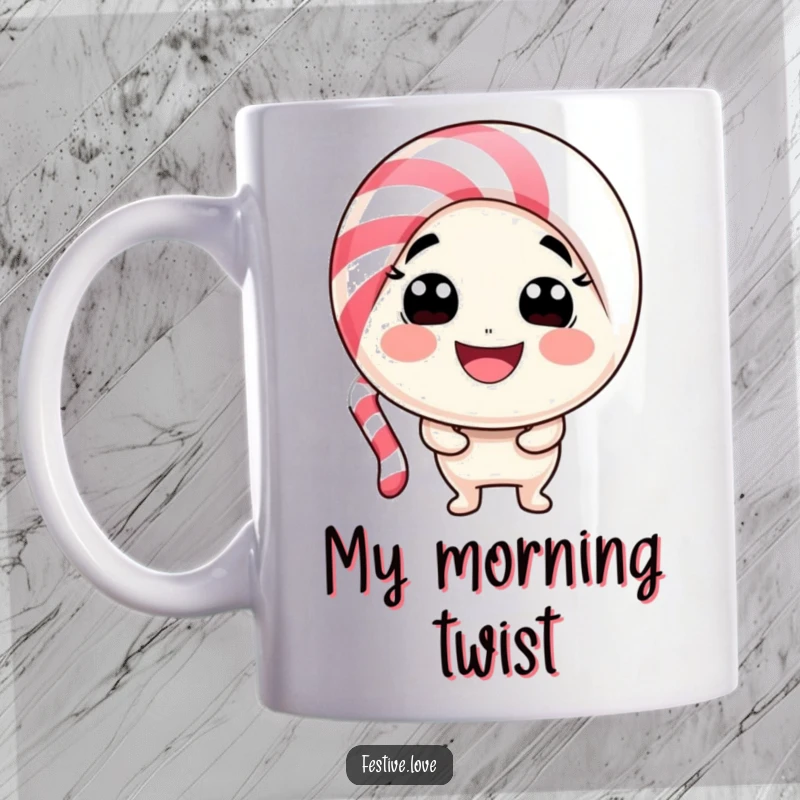 Funny candy cane character mug bending into a delightful smile, spreading holiday cheer and sweetness. Perfect for Christmas lovers.