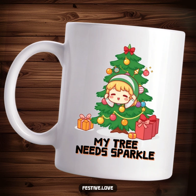Funny mug featuring a cheerful character playfully decorating a Christmas tree with colorful ornaments and twinkling lights, embodying holiday joy.