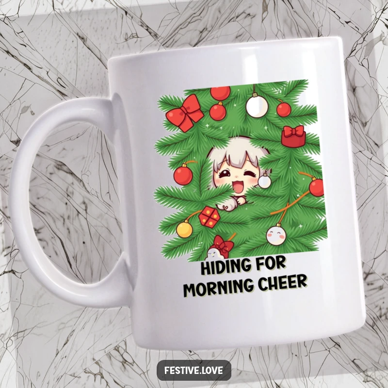 Funny mug featuring a character excitedly peeking from behind a Christmas tree, symbolizing playful holiday anticipation.