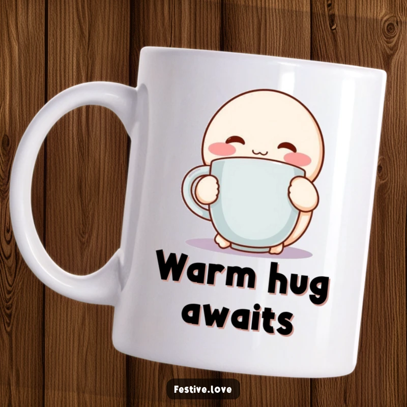Funny mug with a round, rosy-cheeked character hugging a steaming mug with pure delight, perfect for coffee or tea lovers.