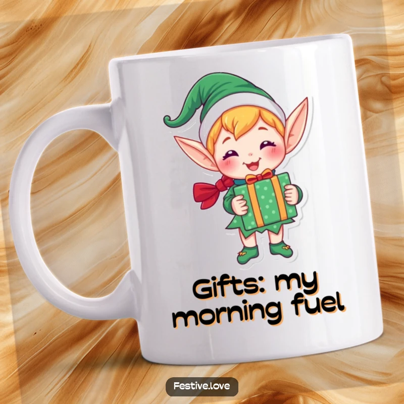 Funny mug showing a joyful elf character happily holding a brightly wrapped gift, radiating holiday cheer and festive vibes.
