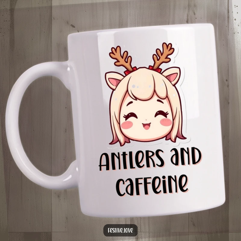 Funny Christmas mug with a smiling character wearing a cute, tiny reindeer antler headband, looking incredibly excited and ready for holiday cheer.
