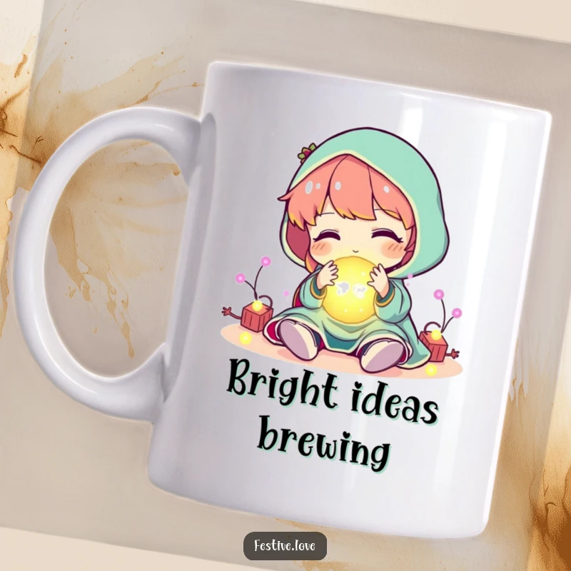 Funny character playfully interacting with a ball of glowing, festive lights, depicted on a mug, a humorous holiday gift.
