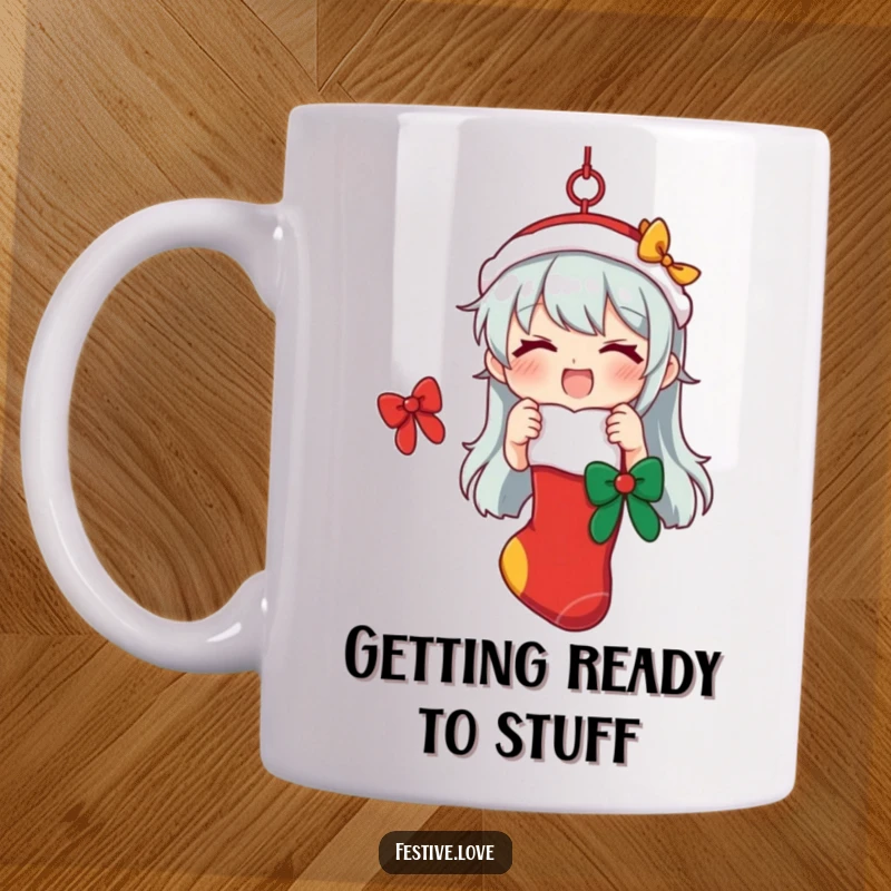Funny mug featuring a character enthusiastically hanging a festive stocking, symbolizing holiday excitement and gift anticipation.