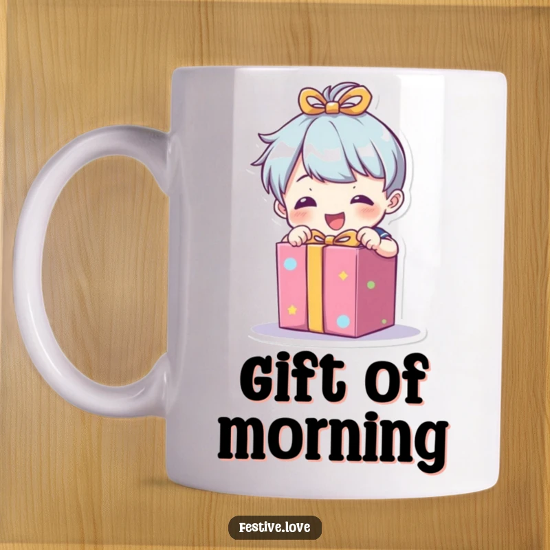 Funny mug with a little character enthusiastically unwrapping a brightly colored present, capturing the excitement of gift-giving.