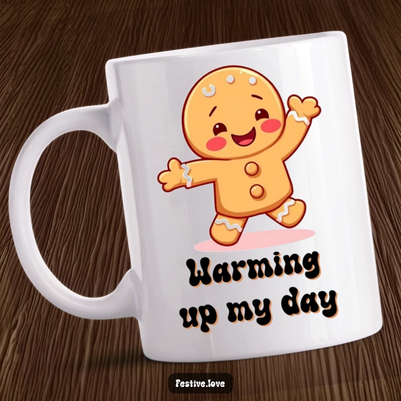 Funny mug showing a cheerful gingerbread cookie character with icing details performing a lively jig with arms raised.