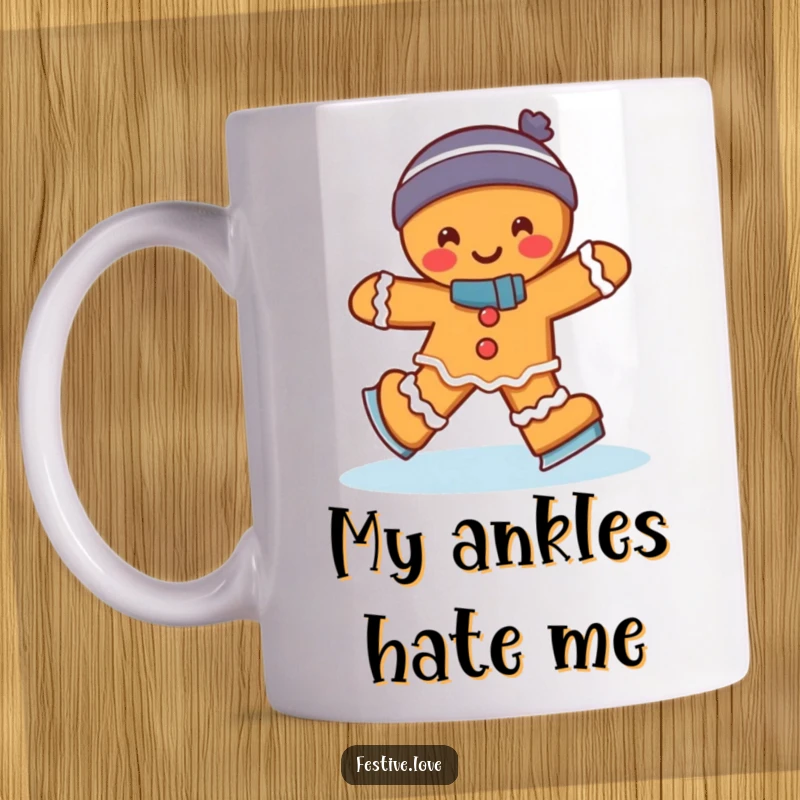 Funny gingerbread man ice skating with a joyful wobble, captured on a mug, perfect for humorous holiday gifting.