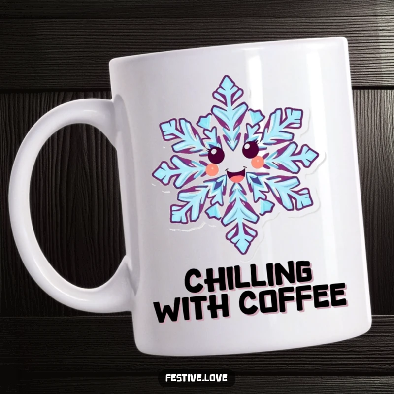 Funny mug featuring a happy snowflake character with detailed patterns, spinning around with pure winter joy.