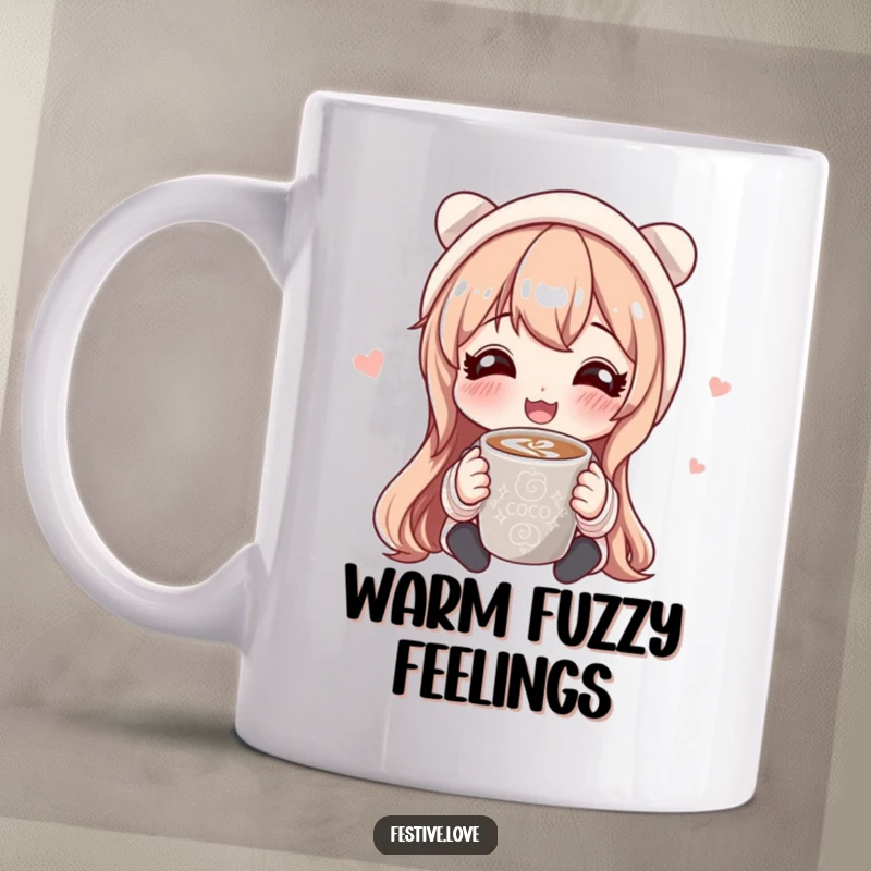 Funny mug depicting a cheerful character happily offering a mug of steaming hot cocoa, radiating warmth and friendship.
