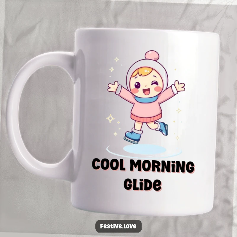 Funny mug with a happy character ice skating with arms outstretched, kicking up sparkly ice, perfect for winter lovers.