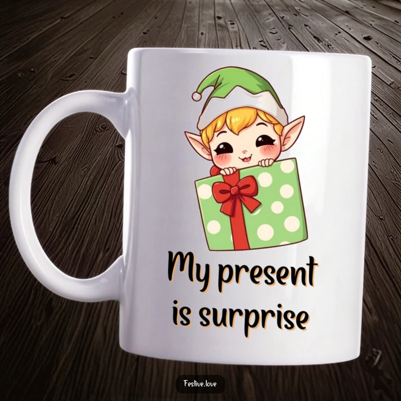 Funny Kawaii elf mug with a mischievous grin, hiding behind a big present, ready to surprise and delight with its playful charm.