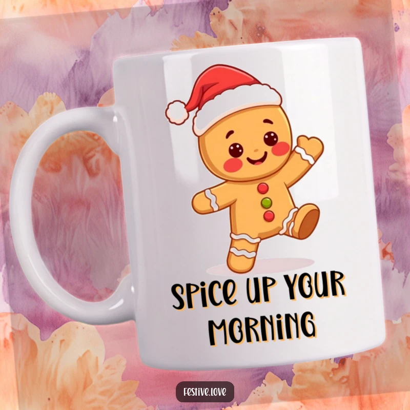 Funny kawaii gingerbread man wearing a Santa hat, joyfully dancing, depicted on a festive and cheerful mug.