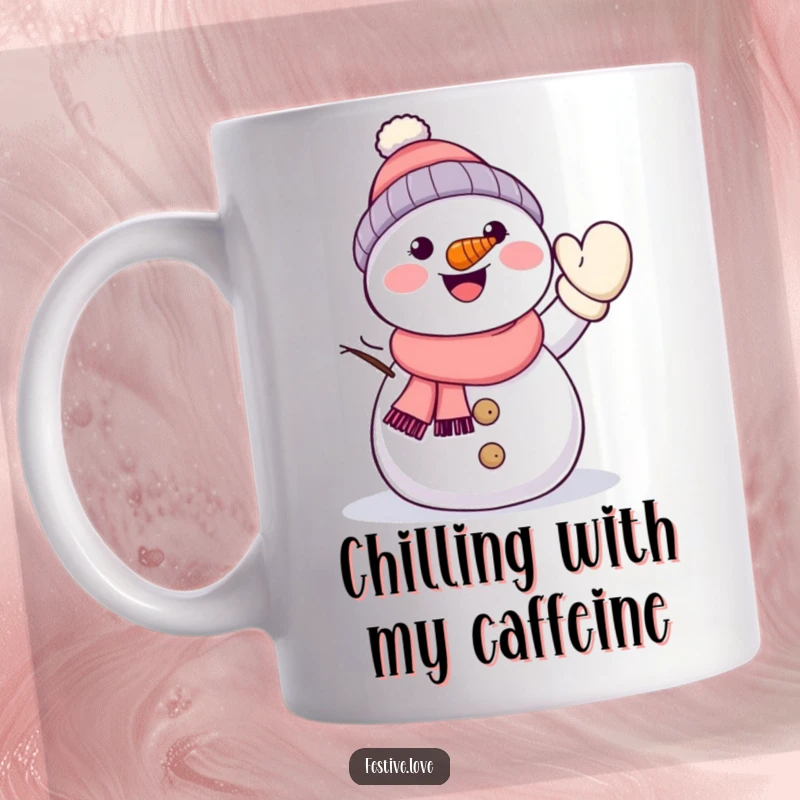 Funny kawaii snowman with a carrot nose, energetically waving a mitten, depicted on a cheerful winter-themed mug.