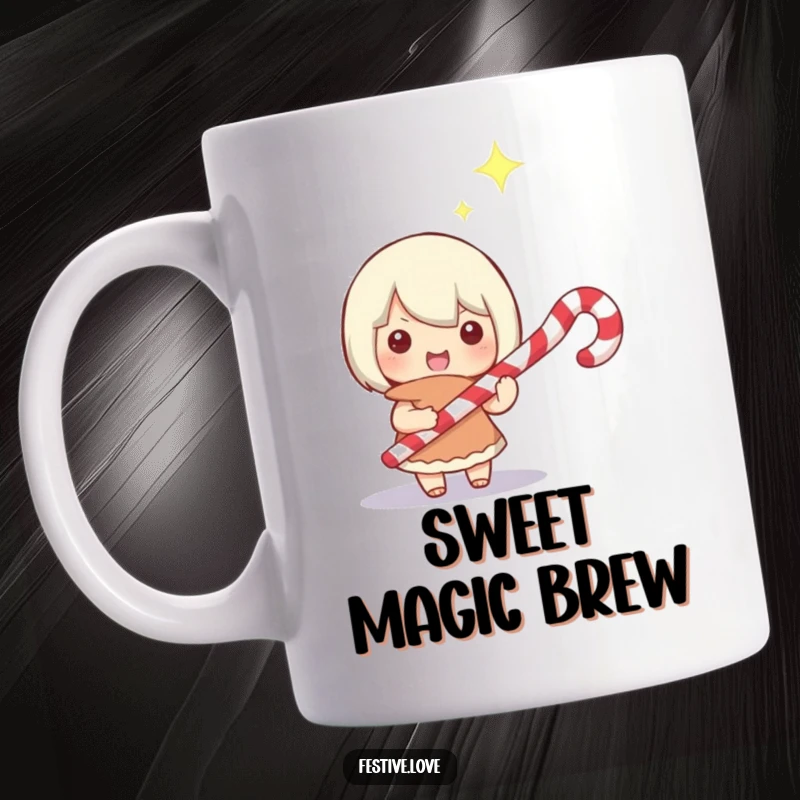 Funny Christmas mug with a small character holding a candy cane like a magical wand, eyes sparkling with festive mischief and joy.
