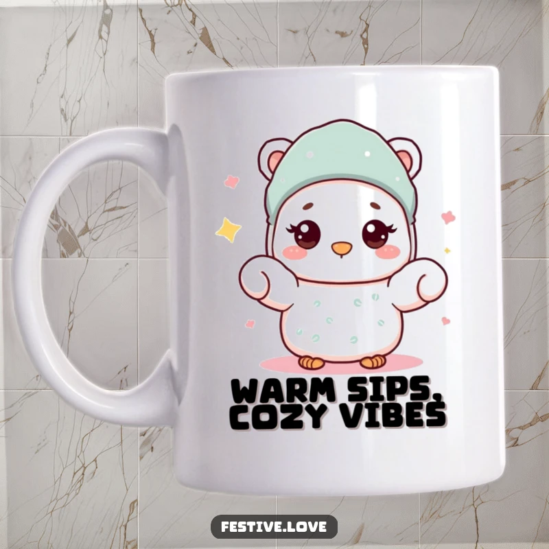 Funny Mug: A cozy mitten character giving a warm, friendly wave, embodying winter comfort.