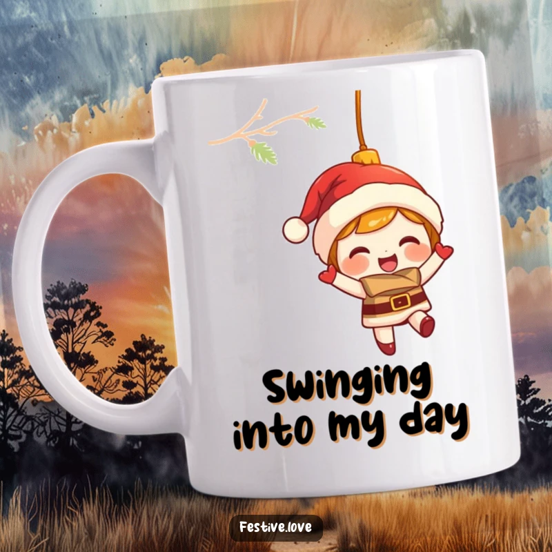 Funny mug featuring a giggling Christmas ornament character merrily swinging, embodying festive holiday cheer and joy.