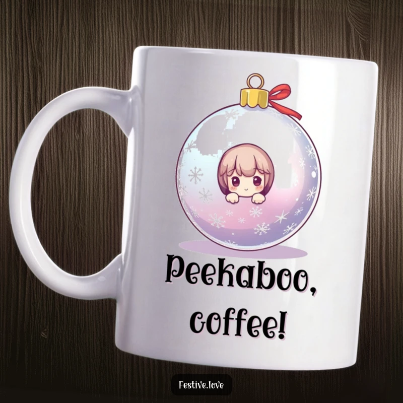 Funny Christmas mug with a tiny character playfully peeking from behind a large, sparkling holiday ornament, capturing a moment of festive surprise.