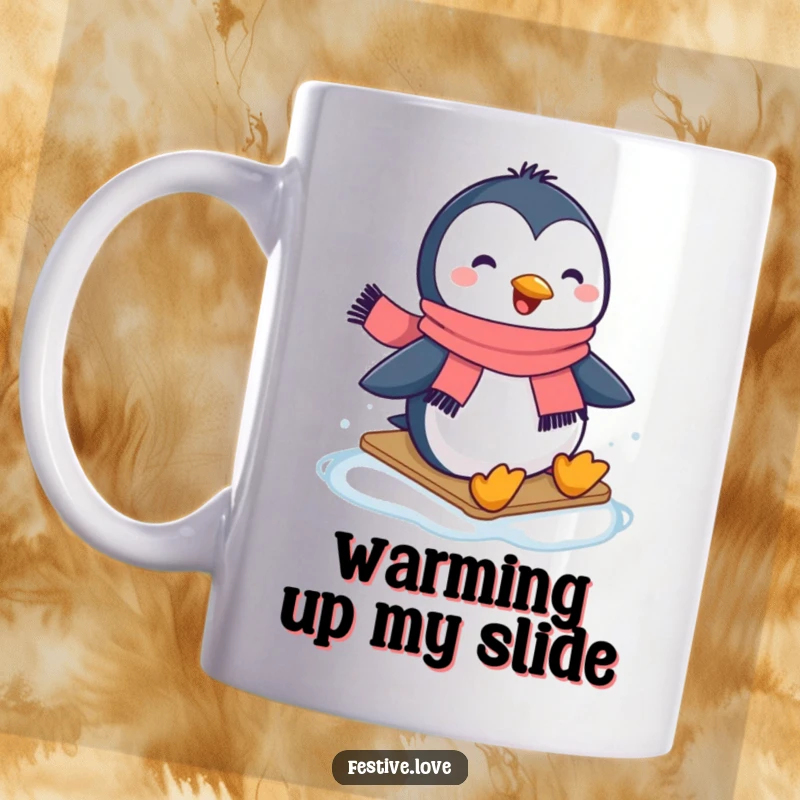 Funny mug showing a happy penguin wearing a cozy scarf, gracefully sliding across a smooth icy surface.