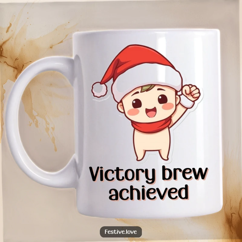 Funny mug featuring a Santa hat-wearing character exclaiming victory with a triumphant fist pump, embodying holiday success and joy.
