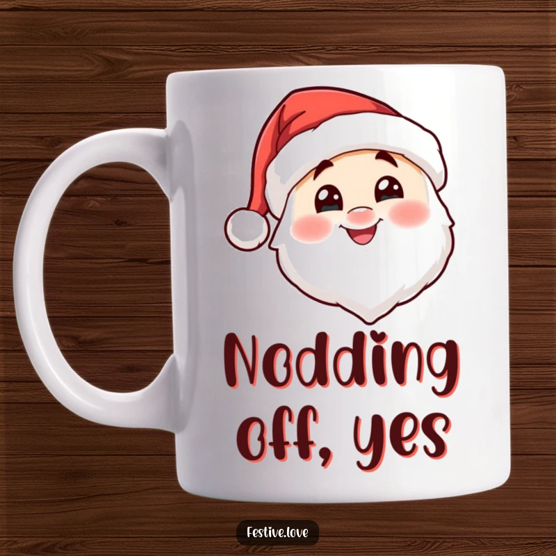 Funny Santa hat character mug nodding cheerfully, embodying pure joy and festive holiday spirit. A delightful Christmas collectible.