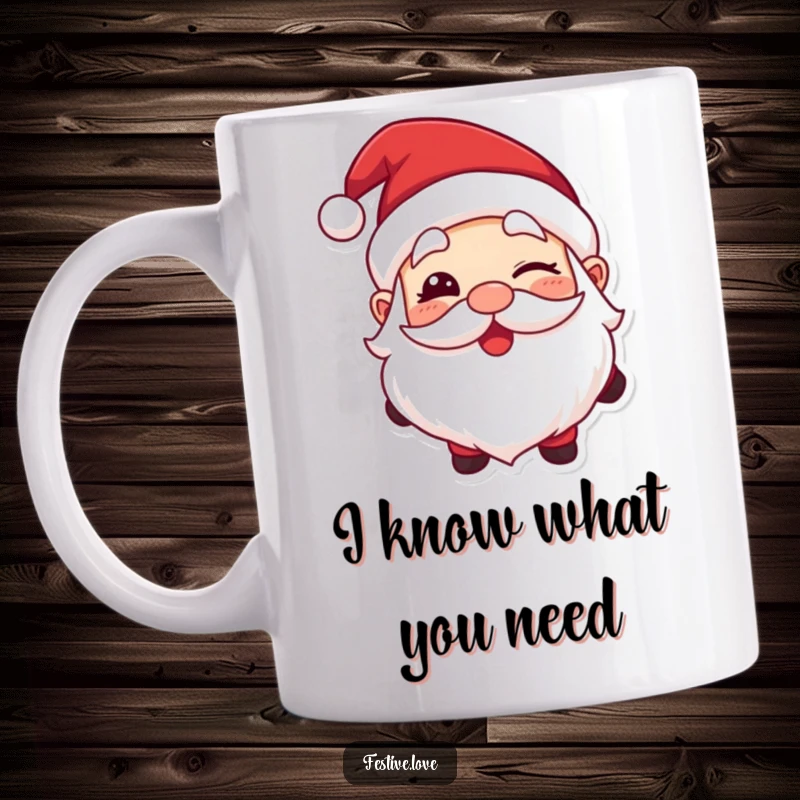Funny mug featuring Santa Claus giving a big, cheerful, and knowing wink, radiating holiday mischief.