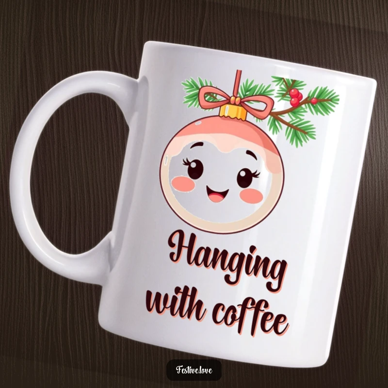 Funny mug featuring a smiling ornament character with a cheerful expression, happily dangling from a festive garland.