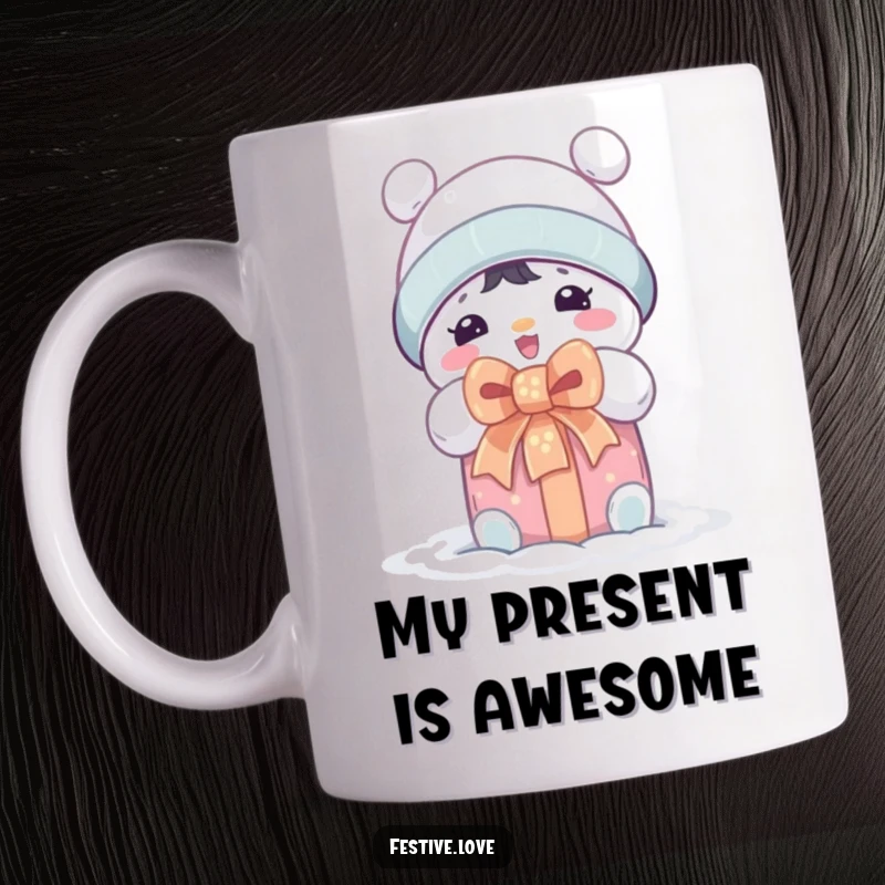 Funny mug showing a cute snow character with rosy cheeks, joyfully tearing open a present adorned with a large ribbon.