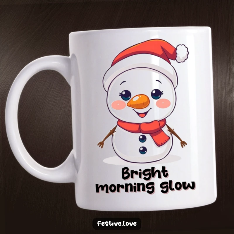 Funny mug showing a jolly snowman character with a bright, glowing carrot nose and a warm smile.