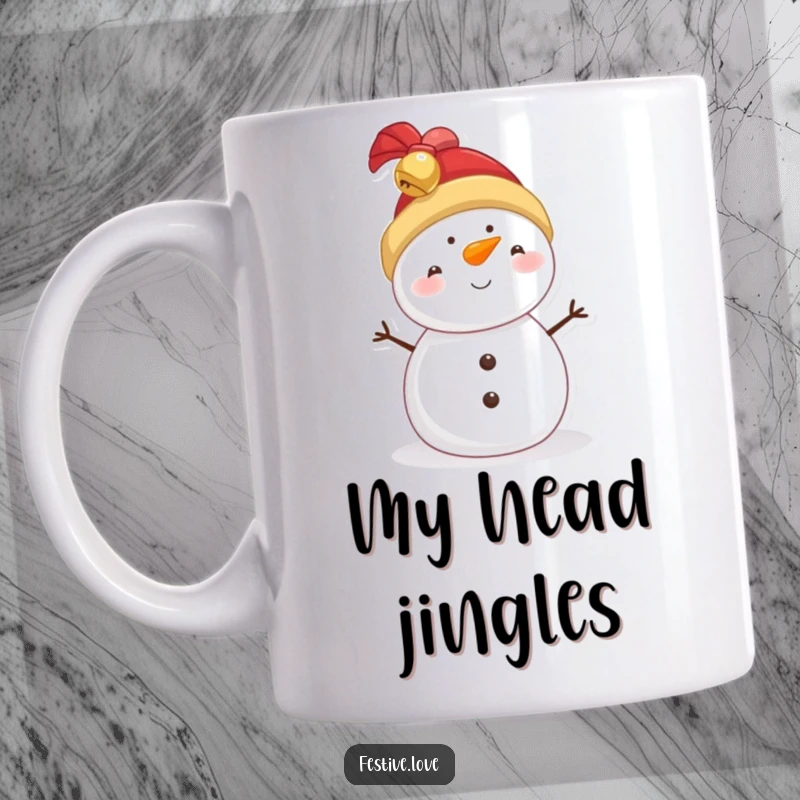 Funny snowman mug wearing a jingly bell hat, looking cheerful and ready for winter fun.