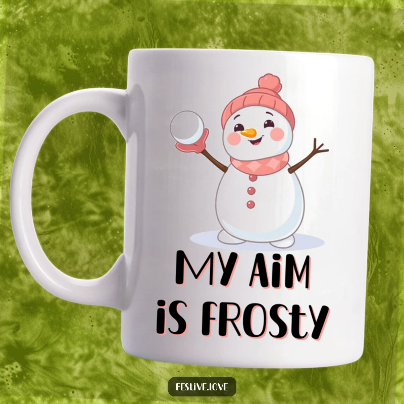 Funny mug showcasing a cute, smiling snowman mid-throw with a snowball, radiating wintery joy and playful mischief.