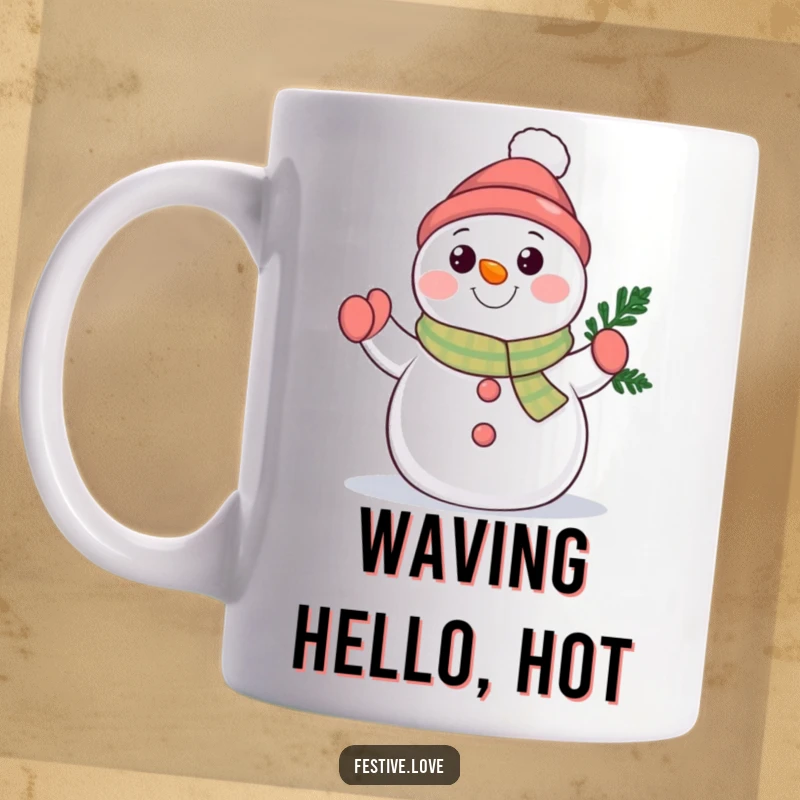 Funny snowman character mug waving a tiny evergreen branch, embodying cheerful winter greetings and friendly holiday spirit. A frosty hello.