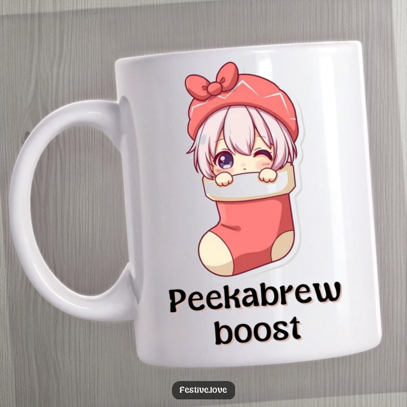 Funny mug showing a cute character playfully peeking its head out of a Christmas stocking, embodying holiday mischief and anticipation.