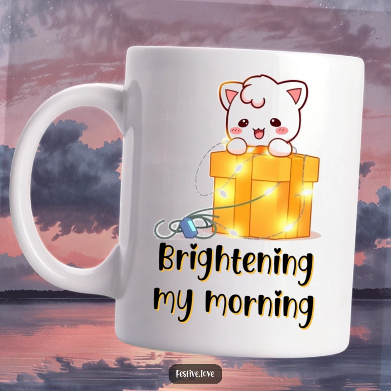 Funny mug featuring a bright, blinking string light character playfully wrapping around a gift box, embodying festive illumination and fun.