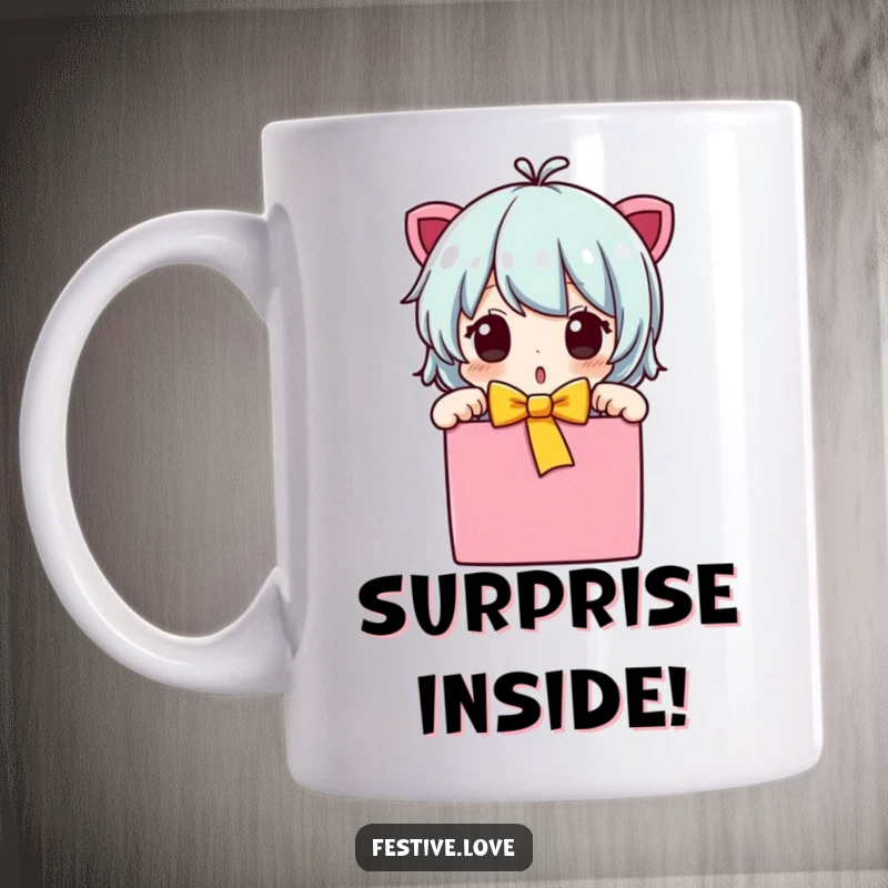 Funny character mug unwrapping gift, surprised expression, bright colors, a humorous celebration of gifts, great funny gift.