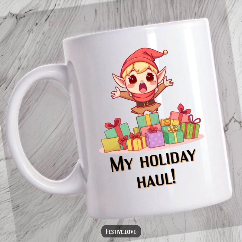 Funny mug featuring a surprised elf character leaping with pure excitement behind a mountain of colorful holiday presents.