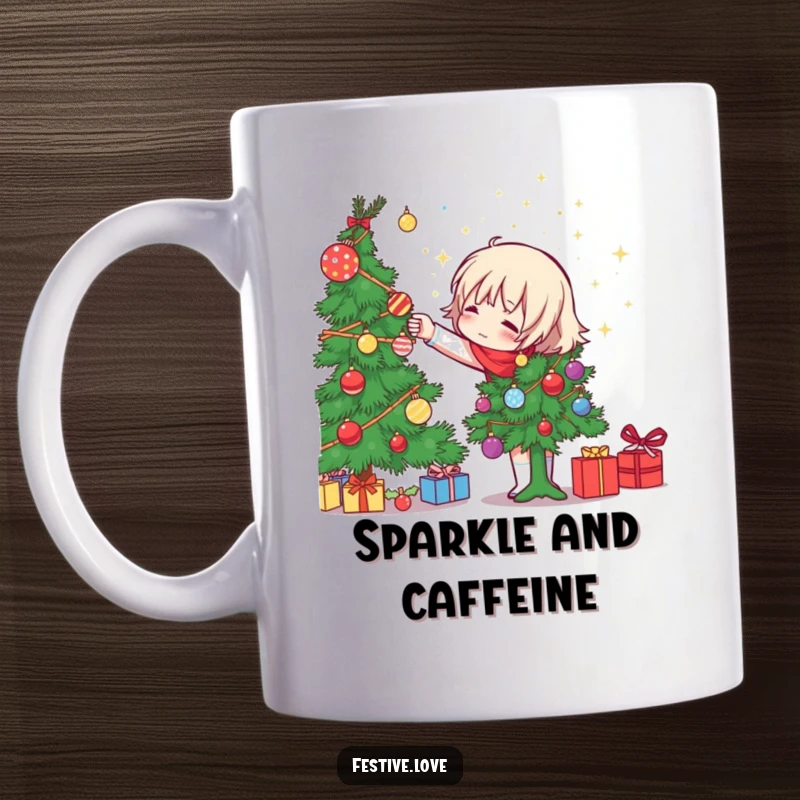 Funny character decorating a Christmas tree, gleefully tossing sparkly ornaments, featured on a mug, a humorous holiday gift.